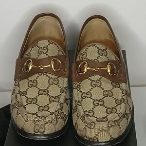 Gucci Brown & Beige GG Canvas Horsebit Moccasins